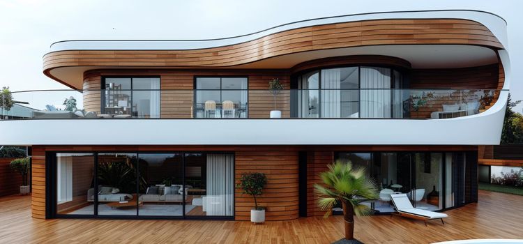 Exkluzív fa burkolatú villa íves homlokzat - austrotherm homlokzati hőszigetelés prémium megoldásokhoz